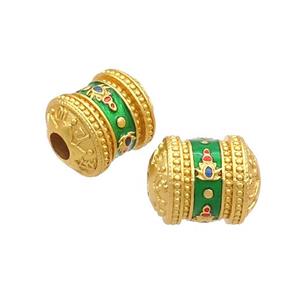 Copper Tube Beads Green Enamel Buddhist Large Hole Unfade Gold Plated, approx 11-13mm, 3mm hole [FD12585]