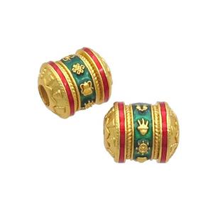 Copper Tube Beads Green Enamel Buddhist Large Hole Unfade Gold Plated, approx 11-13mm, 3mm hole [FD12586]