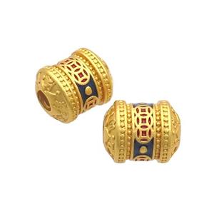 Copper Tube Beads Blue Enamel Buddhist Large Hole Unfade Gold Plated, approx 11-13mm, 3mm hole [FD12588]