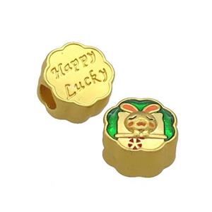 Copper Button Circle Beads Rabbit Green Enamel Large Hole Unfade Gold Plated, approx 12mm, 4mm hole [FD12589]