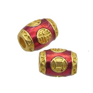 Copper Barrel Beads Lotus Red Enamel Unfade Large Hole Gold Plated, approx 9-12mm, 4mm hole [FD12594]