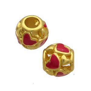 Copper Round Beads Red Enamel Heart Large Hole Unfade Gold Plated, approx 9-10mm, 4mm hole [FD12595]