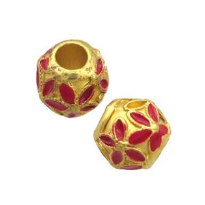 Copper Round Beads Red Enamel Flower Large Hole Unfade Gold Plated, approx 9mm, 4mm hole [FD12596]