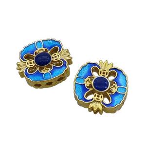 Copper Cloisonne Beads Square Blue 3holes Gold Plated, approx 15-16mm [FD12703]