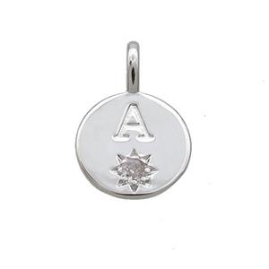 Copper Circle Pendant Pave Zircon A-letter Platinum Plated, approx 11.5mm [FD12712]