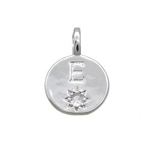Copper Circle Pendant Pave Zircon E-letter Platinum Plated, approx 11.5mm [FD12716]