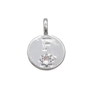 Copper Circle Pendant Pave Zircon F-letter Platinum Plated, approx 11.5mm [FD12717]