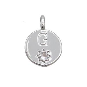 Copper Circle Pendant Pave Zircon G-letter Platinum Plated, approx 11.5mm [FD12718]