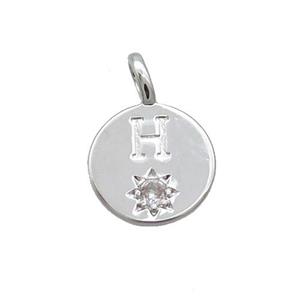 Copper Circle Pendant Pave Zircon H-letter Platinum Plated, approx 11.5mm [FD12719]