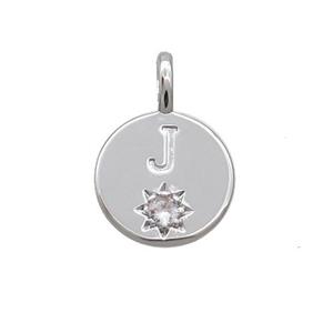 Copper Circle Pendant Pave Zircon J-letter Platinum Plated, approx 11.5mm [FD12721]
