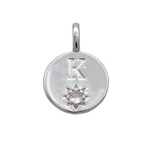 Copper Circle Pendant Pave Zircon K-letter Platinum Plated, approx 11.5mm [FD12722]