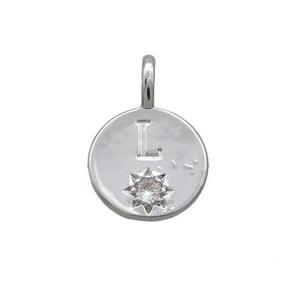 Copper Circle Pendant Pave Zircon L-letter Platinum Plated, approx 11.5mm [FD12723]
