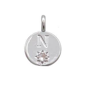 Copper Circle Pendant Pave Zircon N-letter Platinum Plated, approx 11.5mm [FD12725]
