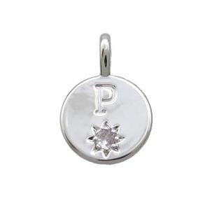 Copper Circle Pendant Pave Zircon P-letter Platinum Plated, approx 11.5mm [FD12727]