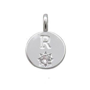 Copper Circle Pendant Pave Zircon R-letter Platinum Plated, approx 11.5mm [FD12729]