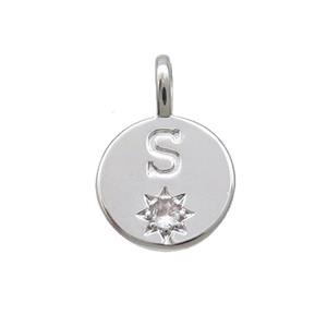 Copper Circle Pendant Pave Zircon S-letter Platinum Plated, approx 11.5mm [FD12730]