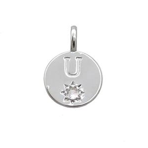 Copper Circle Pendant Pave Zircon U-letter Platinum Plated, approx 11.5mm [FD12732]