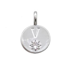 Copper Circle Pendant Pave Zircon V-letter Platinum Plated, approx 11.5mm [FD12733]