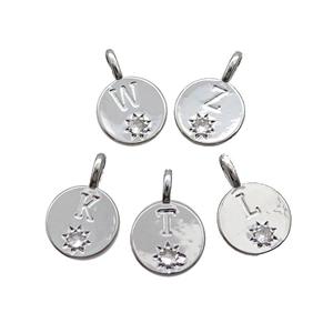 Copper Circle Pendant Pave Zircon Mix Letter Platinum Plated Alphabet, approx 11.5mm [FD12738]