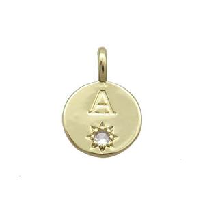 Copper Circle Pendant Pave Zircon A-letter Gold Plated, approx 11.5mm [FD12739]