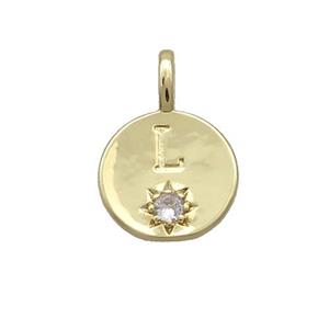 Copper Circle Pendant Pave Zircon L-letter Gold Plated, approx 11.5mm [FD12750]