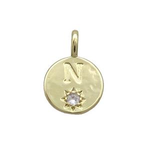 Copper Circle Pendant Pave Zircon N-letter Gold Plated, approx 11.5mm [FD12752]