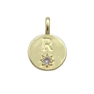 Copper Circle Pendant Pave Zircon R-letter Gold Plated, approx 11.5mm [FD12756]