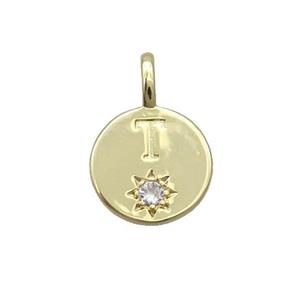 Copper Circle Pendant Pave Zircon T-letter Gold Plated, approx 11.5mm [FD12758]