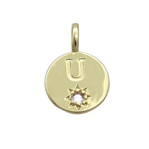 Copper Circle Pendant Pave Zircon U-letter Gold Plated, approx 11.5mm [FD12759]