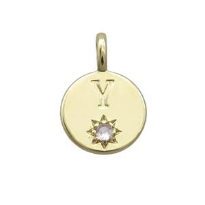 Copper Circle Pendant Pave Zircon Y-letter Gold Plated, approx 11.5mm [FD12763]