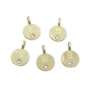 Copper Circle Pendant Pave Zircon Mix Letter Gold Plated Alphabet, approx 11.5mm [FD12765]