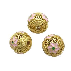 Copper Round Beads Pink Cloisonne FLower Hollow Gold Plated, approx 9-10mm [FD12775]