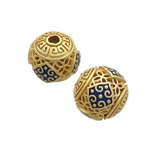 Copper Round Beads Blue Cloisonne Hollow Gold Plated, approx 9-10mm [FD12776]