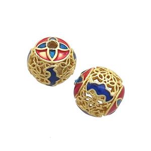 Copper Round Beads Red Blue Cloisonne Hollow Gold Plated, approx 9-10mm [FD12778]