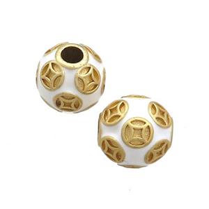 Copper Round Beads White Enamel Large Hole Gold Plated, approx 11-12mm, 3mm hole [FD12780]