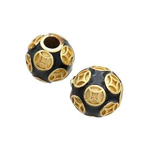Copper Round Beads Black Enamel Large Hole Gold Plated, approx 11-12mm, 3mm hole [FD12781]