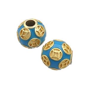 Copper Round Beads Blue Enamel Large Hole Gold Plated, approx 11-12mm, 3mm hole [FD12782]