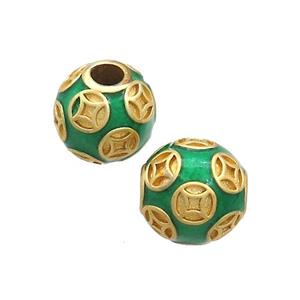 Copper Round Beads Green Enamel Large Hole Gold Plated, approx 11-12mm, 3mm hole [FD12783]