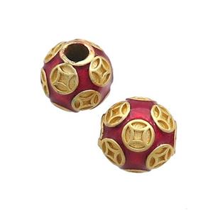 Copper Round Beads Red Enamel Large Hole Gold Plated, approx 11-12mm, 3mm hole [FD12784]