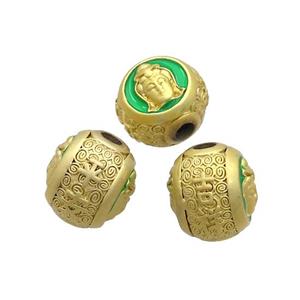 Copper Buddha Beads Green Enamel Large Hole Gold Plated, approx 12-14mm, 3mm hole [FD12795]