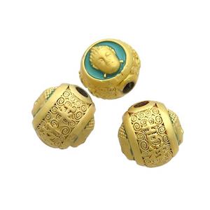 Copper Buddha Beads Teal Enamel Large Hole Gold Plated, approx 12-14mm, 3mm hole [FD12799]
