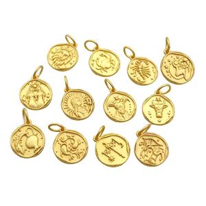 Copper Circle Pendant Zodiac 18K Gold Plated Mixed, approx 15mm [FD12844]