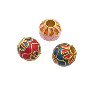 Copper Round Beads Cloisonne Lotus Large Hole 18K Gold Plated Mixed, approx 10mm, 3mm hole [FD12852]