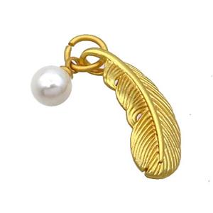 Copper Feather Pendant With Pearlized Plastic 18K Gold Plated, approx 6mm, 9-25mm [FD12855]