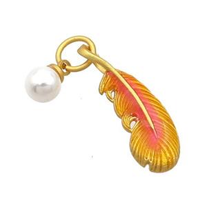 Copper Feather Pendant With Pearlized Plastic Orange Cloisonne 18K Gold Plated, approx 6mm, 9-25mm [FD12856]