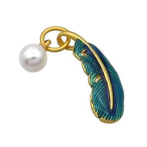 Copper Feather Pendant With Pearlized Plastic Peacockgreen Cloisonne 18K Gold Plated, approx 6mm, 9-25mm [FD12857]