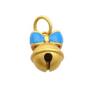 Copper Bell Pendant Blue Enamel Bowknot 18K Gold Plated, approx 10-13mm [FD12868]