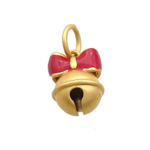 Copper Bell Pendant Red Enamel Bowknot 18K Gold Plated, approx 10-13mm [FD12869]
