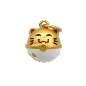 Copper Lucky Cat Pendant White Enamel 18K Gold Plated, approx 12mm [FD12876]