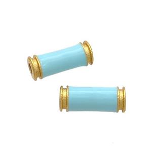Copper Tube Beads Teal Enamel 18K Gold Plated, approx 5-12mm, 2mm hole [FD12901]